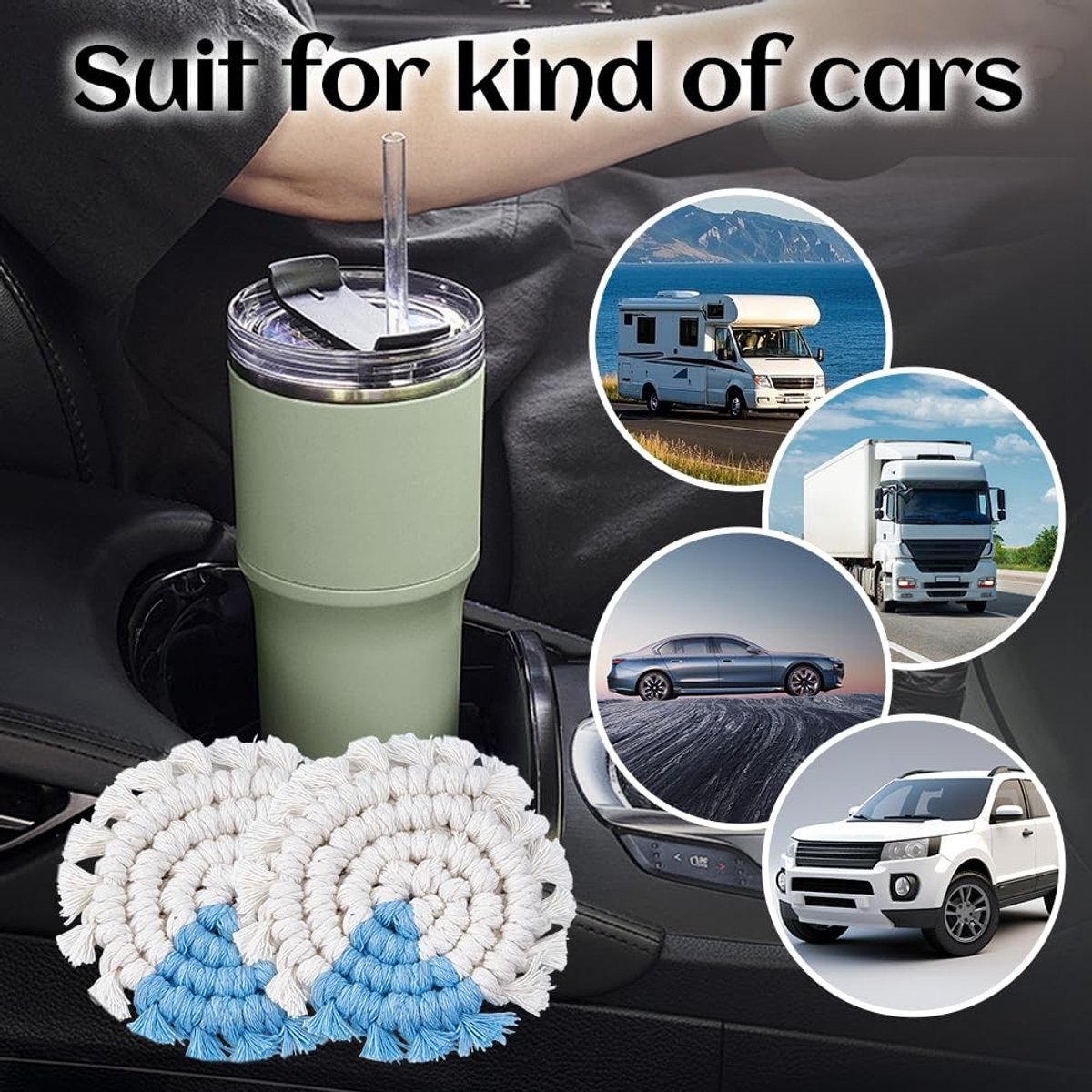 Dailygoods - Set van 2 Katoenen Auto Onderzetters voor Bekerhouders