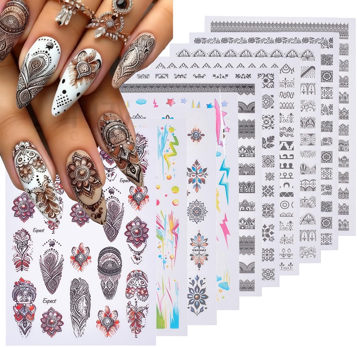 Dailygoods - 10 Vellen Boho-Stijl Nagelstickers, Kleurrijk en Zelfklevend