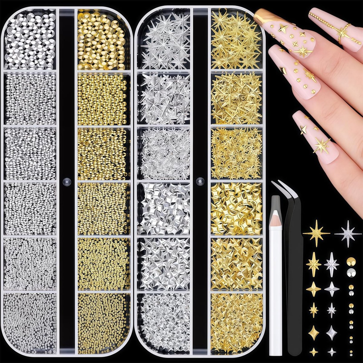 Dailygoods - Set van 2640 Stuks 3D Ster Nagel Charms en Kaviaar Parels