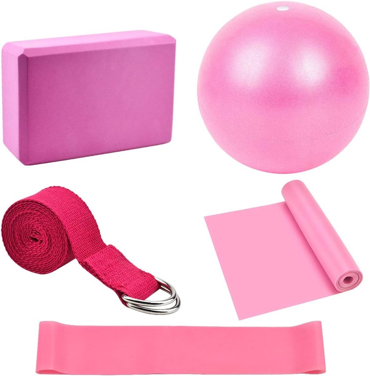 Complete Yoga Starter Kit met 5-delige Set: Blokken, Straps, Bal en Weerstandsband voor Thuis en Gym, Perfect voor Stretching en Pilates