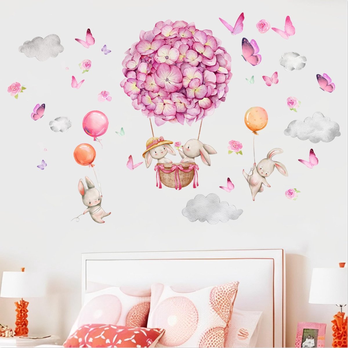 Dailygoods - Dailygoody - Bunny Heteluchtballon muurstickers - kleurrijke bloemen - doe-het-zelf kinderkamer decor - voor meisjesslaapkamer - vlinders en wolken
