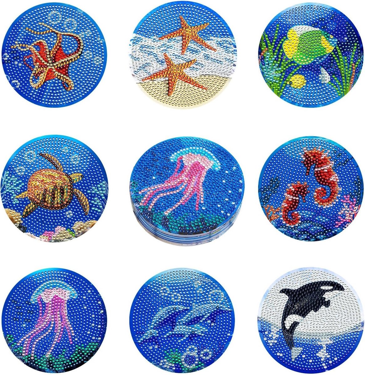 8 Stuks DIY Diamant Schilderen Coasters met Blauw Oceaan Dier Motief en Metaalhouder - 5D Kunst Kits voor Beginners en Creatieve Coaster Projecten