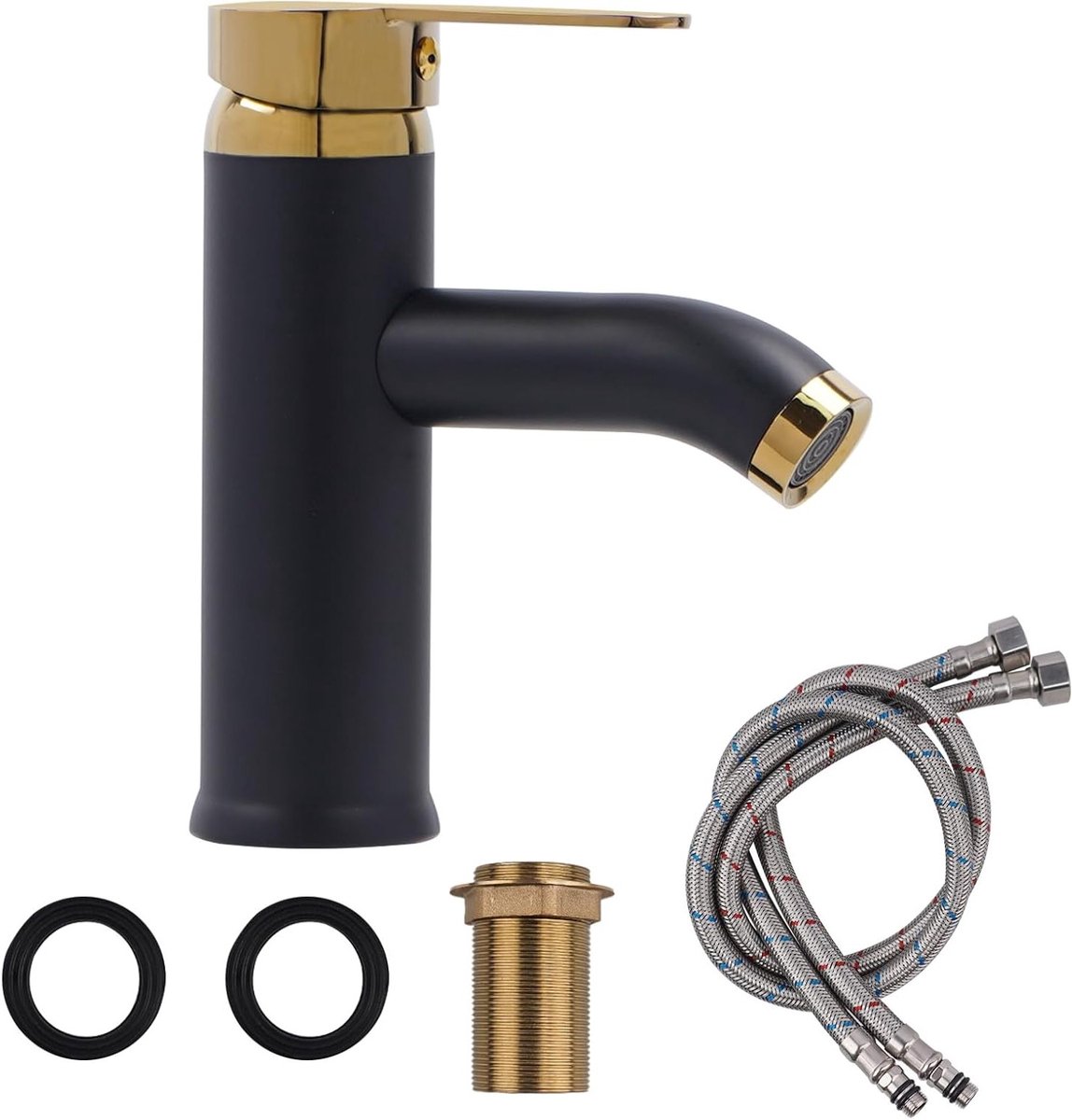 Elegante Mengkraan voor Badkamer en Gastentoilet, RVS Waterkraan met Slang, Enkele Hendel, Zwart Goud, Ideaal voor Wastafel en Keuken