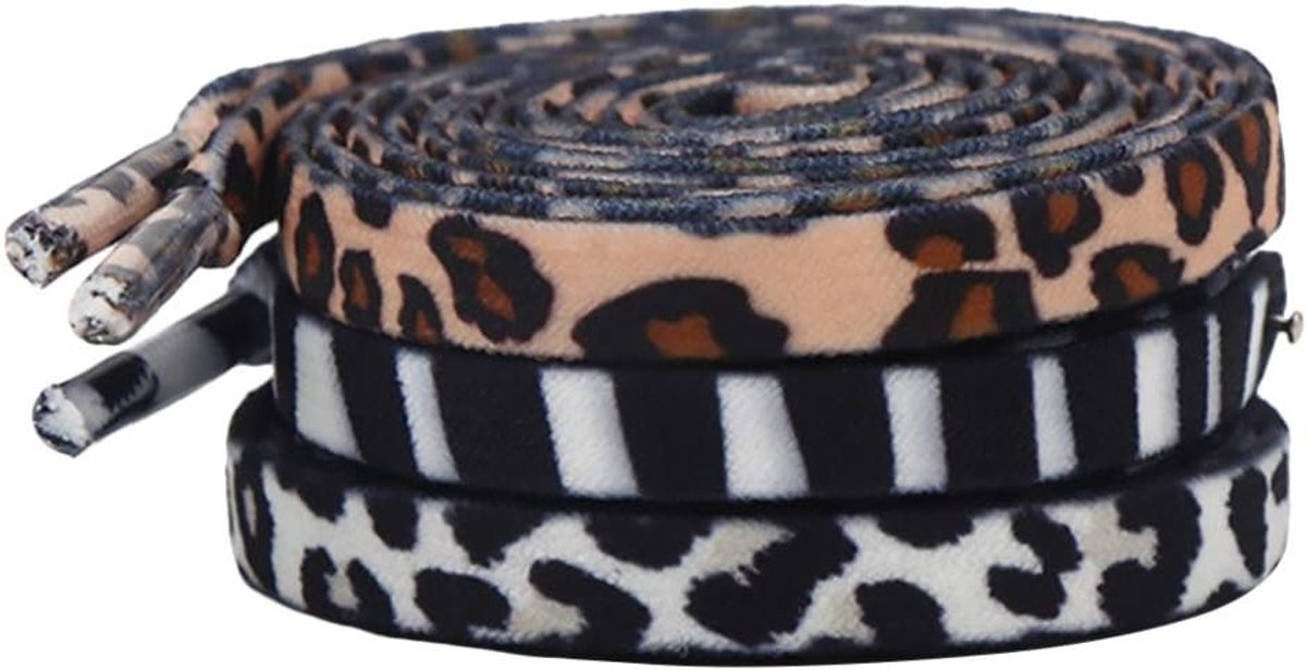 3 paar platte veters met dierenmotief, zebra, luipaard en koeienpatroon voor sport- en buitenschoenen