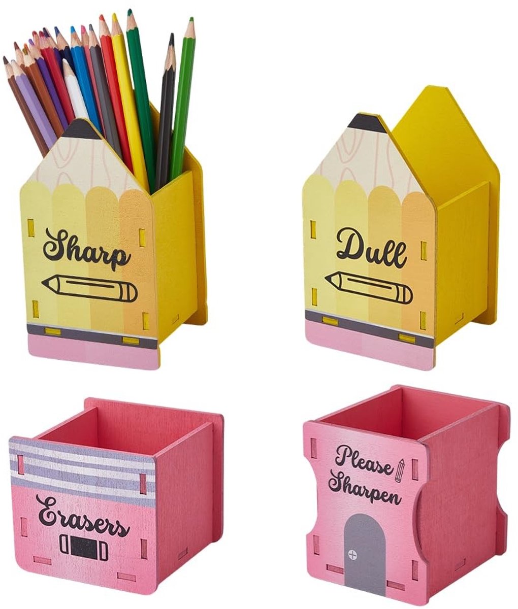 Cosensi - Dailygoods - Set van 4 Houten Potloodhouders in Leuke Ontwerpen