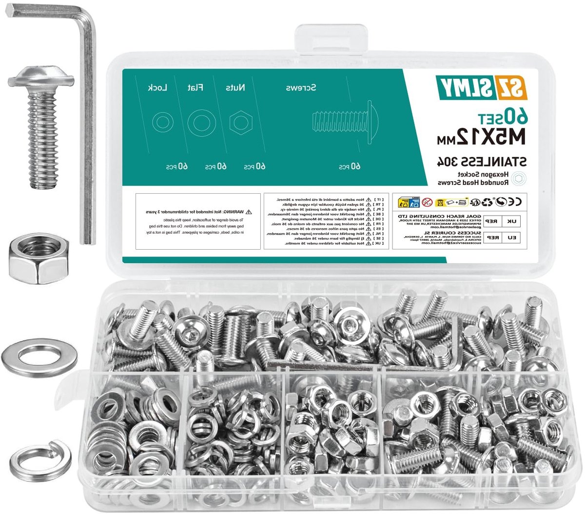 Set van 60 M5 Schroeven, Lenskop Schroeven, RVS Flensschroeven, M5 x 12 mm, Volledig Gewikkeld, Moeren en Platte Kop Schroeven, Ideaal voor Machinebouw en Klusprojecten