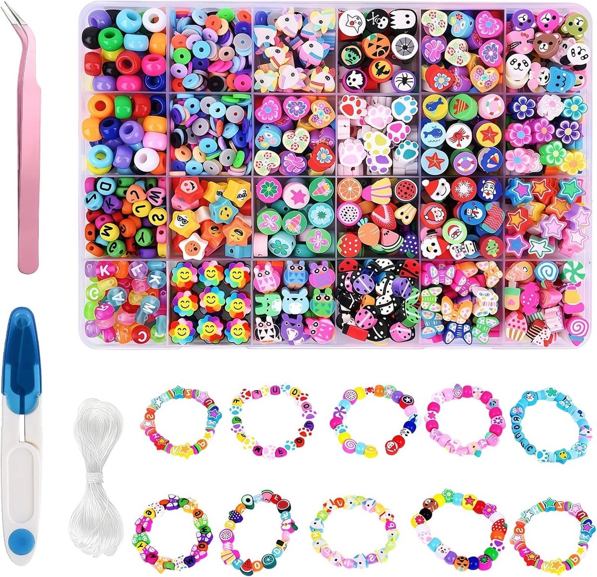 480 Kralen om te Rijgen in 24 Stijlen voor DIY Armbanden en Halskettingen - Creatief Handwerk voor Kinderen en Meisjes met Dieren, Bloemen en Fruitmotieven