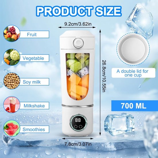 Draagbare minimixer 700 ml, 12 roestvrijstalen messen, oplaadbare sap pers, digitaal display, zelfreinigend — afbeelding 3