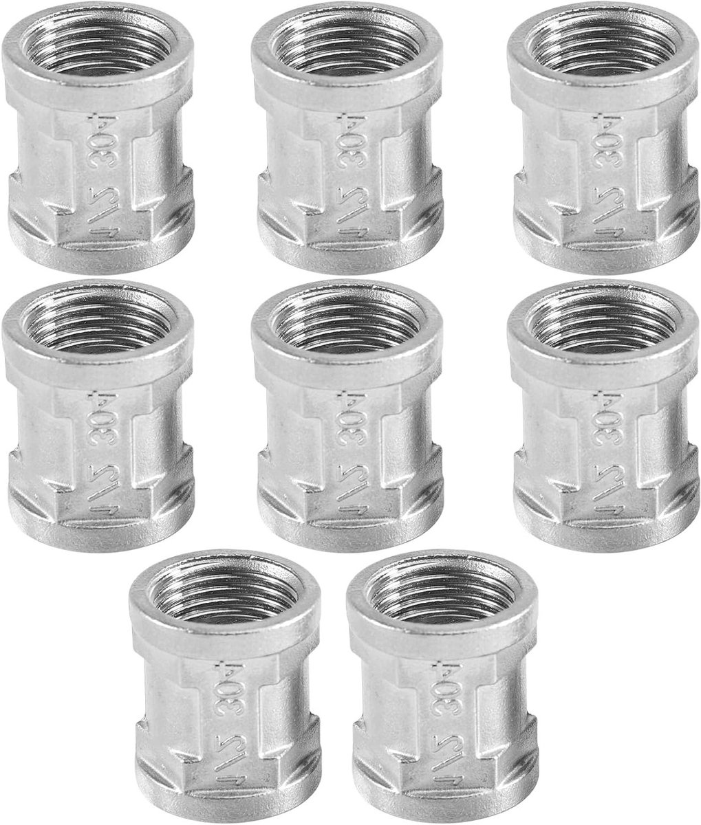 8-delige set dubbele nippels 1/2 inch, roestvrijstalen connectoren voor pijpverbinding, vrouwelijke schroefdraadadapter voor duurzame installatie