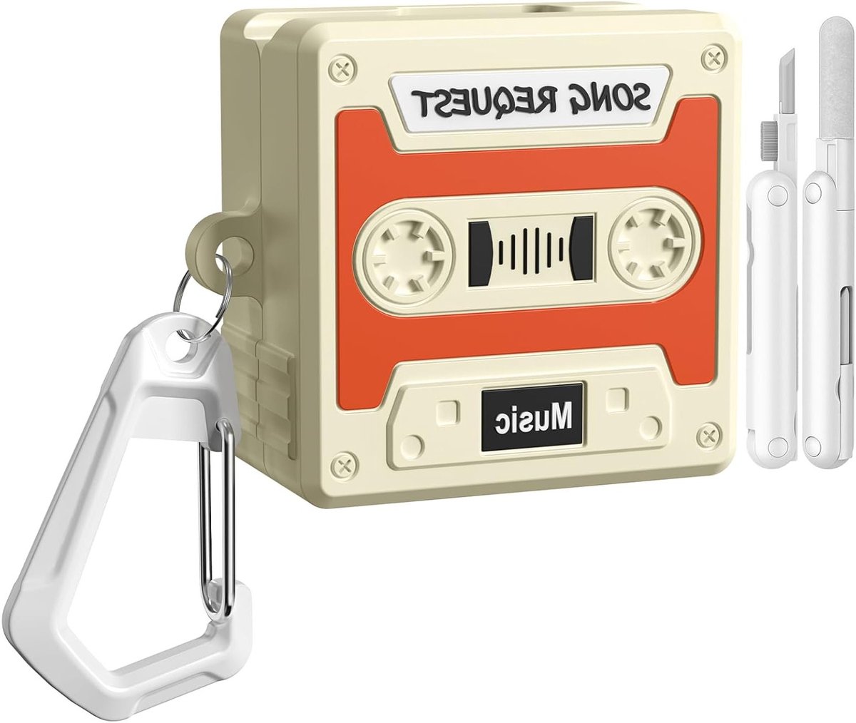 Beschermhoes voor Galaxy Buds 4 en Buds 4 Pro, Shockproof Siliconen Case met Sleutelhanger en Schoonmaakset, Beige, Retro Cassette Tape Design