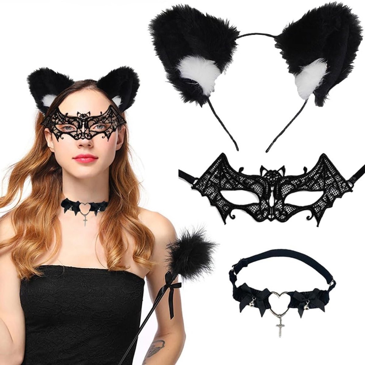 Sexy Lace Kostuum Sieraden Set voor Halloween met Kattenoren Haarband, Vleermuis Masker en Goth Choker Ketting voor Vrouwen