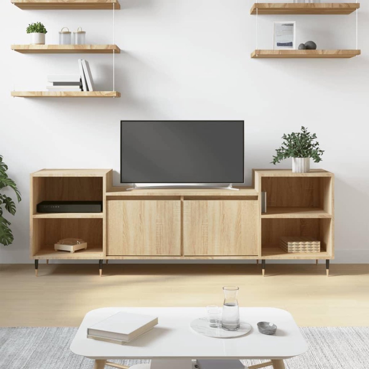 TV-kast Hout - Mediameubel Opbergkast - Woonkamer Inrichten - Zes Vakken Met Deuren - 160x