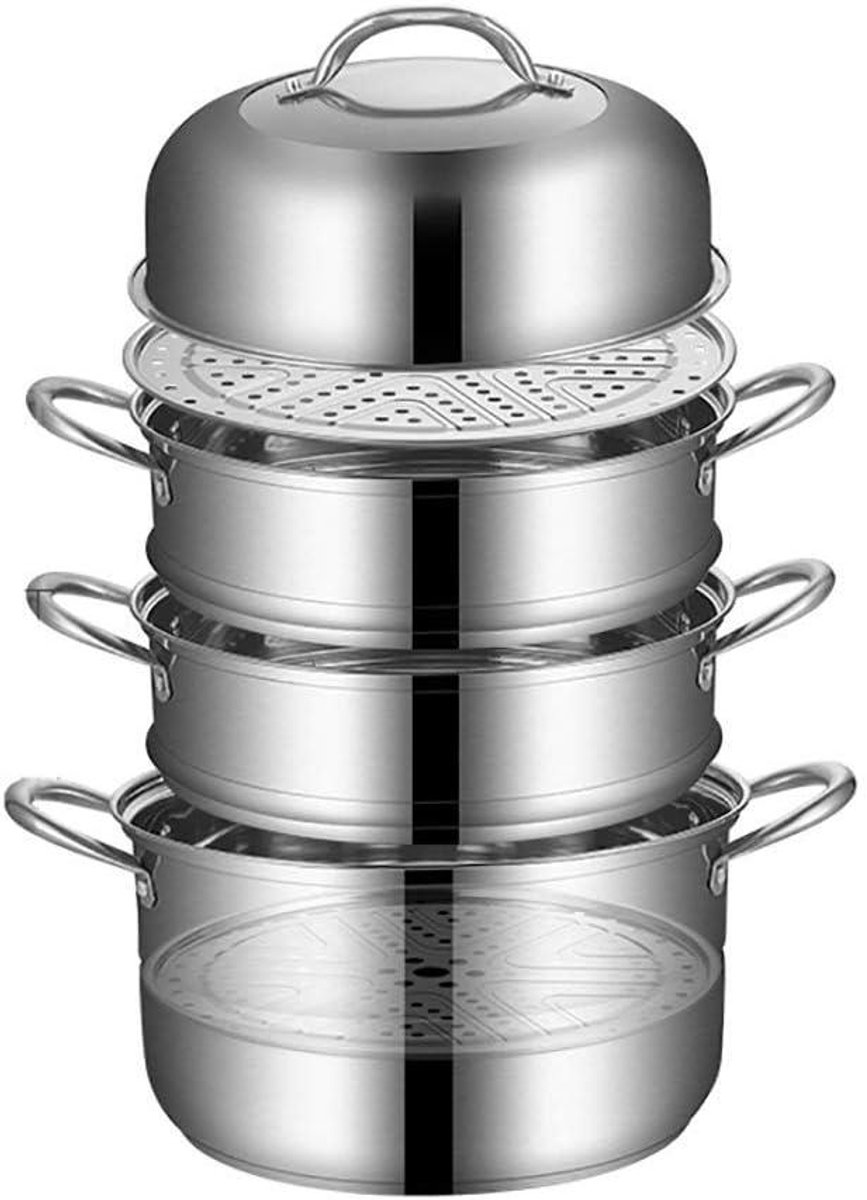 Stoompan Soepketel - 4 Lagen Kookpan - Gezond Koken - Drievoudige Bodem - 34 cm - Zilverkleurig