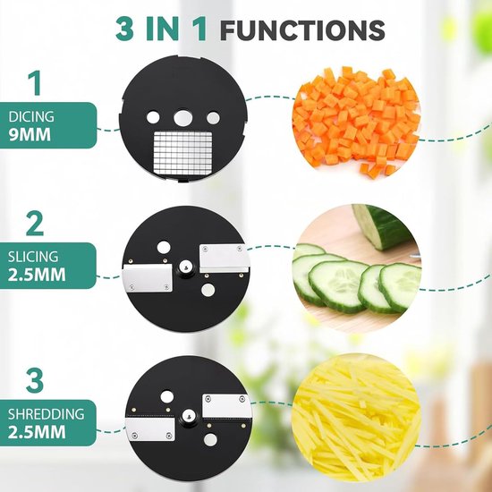 Elektrische Groentesnijder - Keukenmachine Dicer - Snel Ingrediënten Verwerken - 3-in-1 Functionaliteit - 25x20x35 cm - Zilver — afbeelding 2