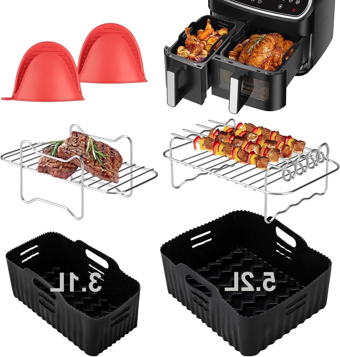 Airfryer Accessoires - Dubbele Mand Set - Gezond Koken - 6-in-1 Uitbreiding - 2 Maten - Grijs