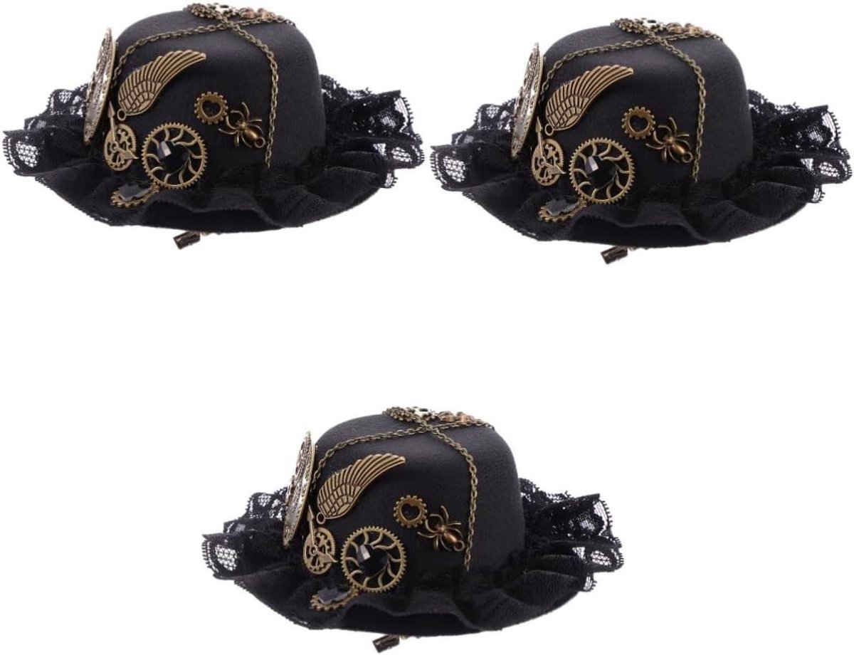 Haarspeld Set - Mini Hoedjes - Feestelijke Aankleding - Steampunk Stijl - 3 Stuks - Zwart