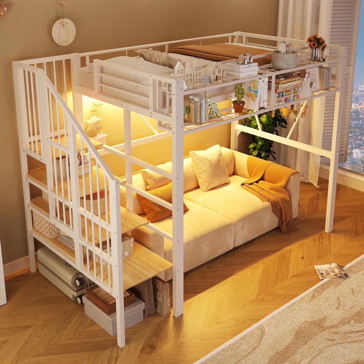 Hoogslaper - Metalen Bed - Ruimte Besparen - Geïntegreerde Opbergruimte - 90 x 200 cm - Wit