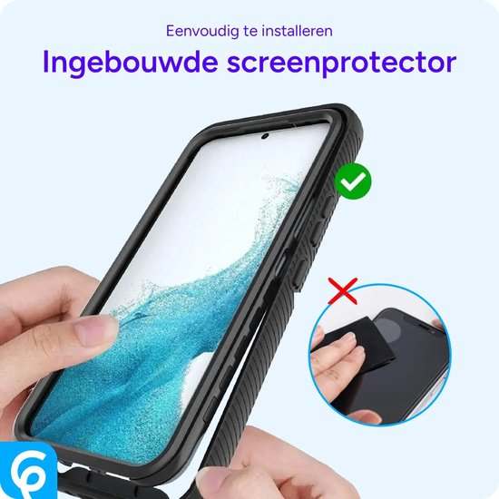 Protecteur d'écran intégré pour Samsung Galaxy A15, facile à installer, avec coche verte. Petite image ronde montrant une croix sur le nettoyage du téléphone.