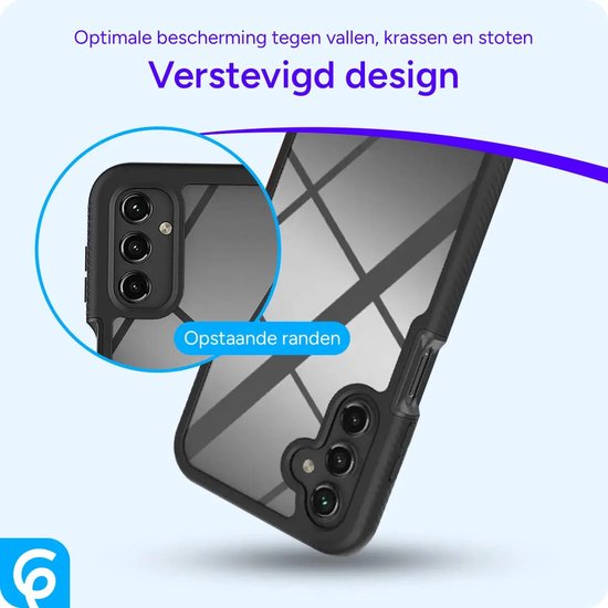 Coque de téléphone noire avec dos transparent et bords surélevés, offrant une protection contre les chutes et les rayures. Petite image ronde montrant le dos.