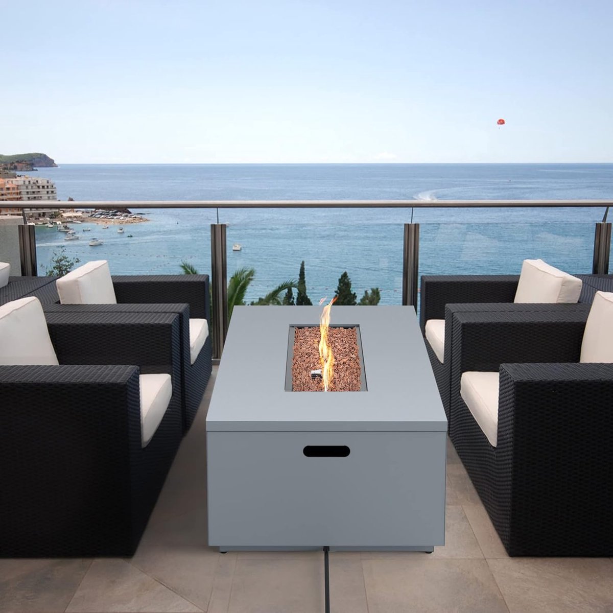 Gaskachel & Terrasverwarmer Outdoor Propangas Feuertisch Rechteckig Bellavero 152 x 69 cm – Rauchfreie Gas-Feuerstelle mit Glas-Windschutz für Garten, Terrasse & Hinterhof – Moderner Edelstahl & Gusseisen Feuertisch