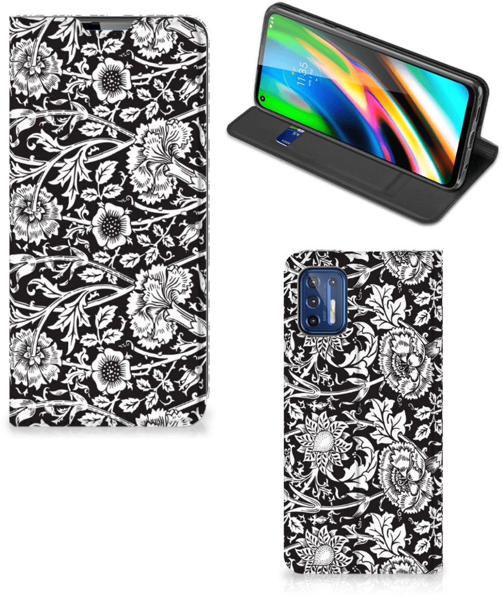 Standcase Hoesje voor Motorola Moto G9 Plus Smart Cover Black Flowers