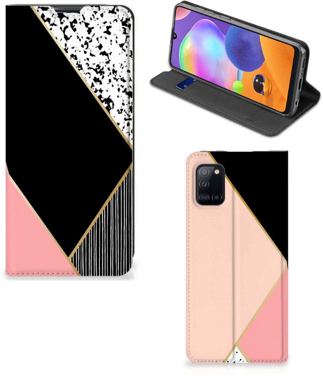 Samsung Galaxy A31 Stand Case Zwart Roze Vormen