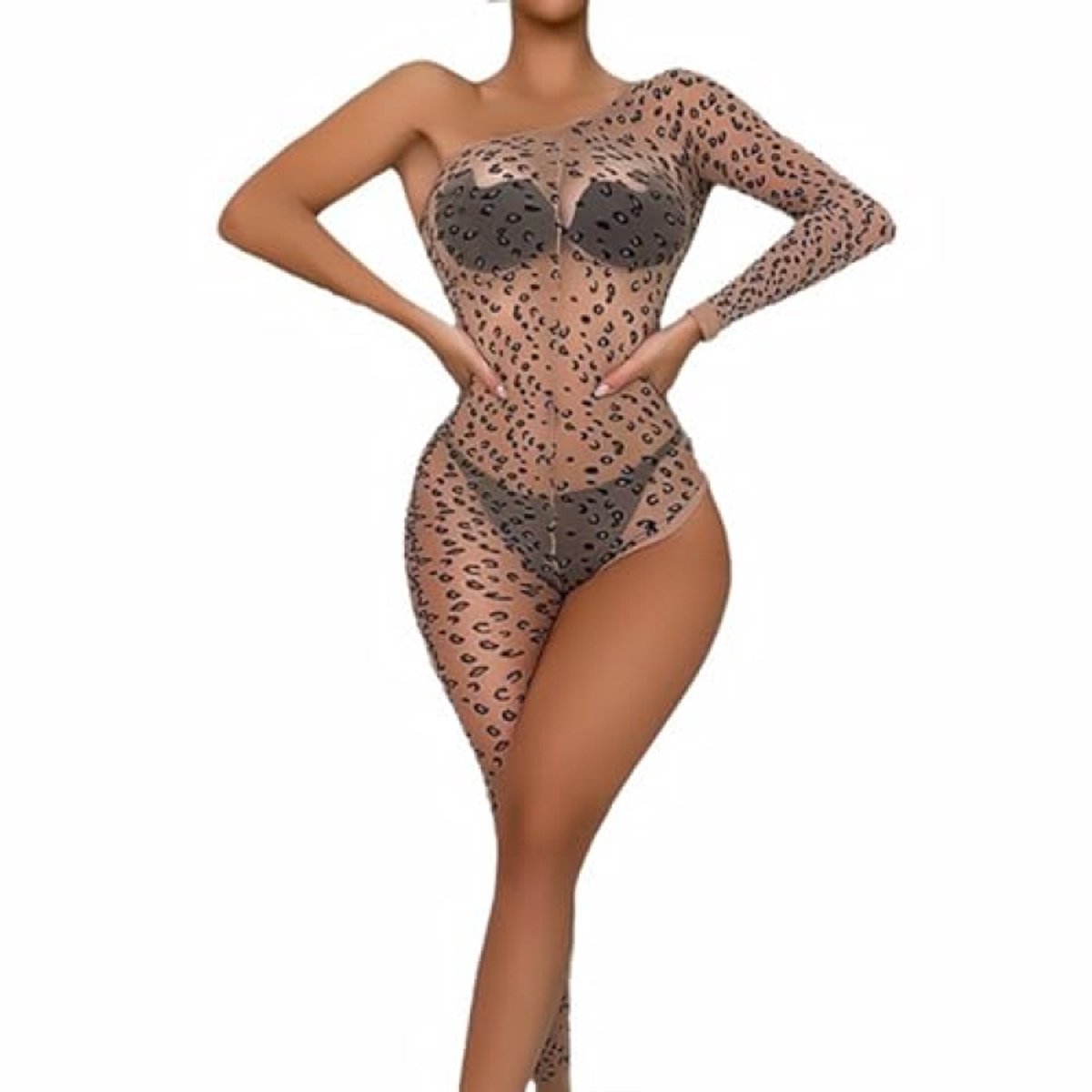 Luipaardprint catsuit met asymmetrisch ontwerp - Elastisch net lingerie bodystocking voor dames