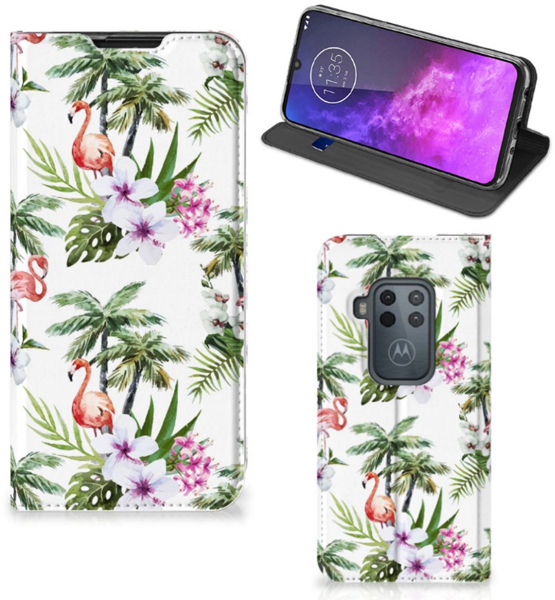 Book Case voor Motorola One Zoom Hoesje maken Flamingo Palms