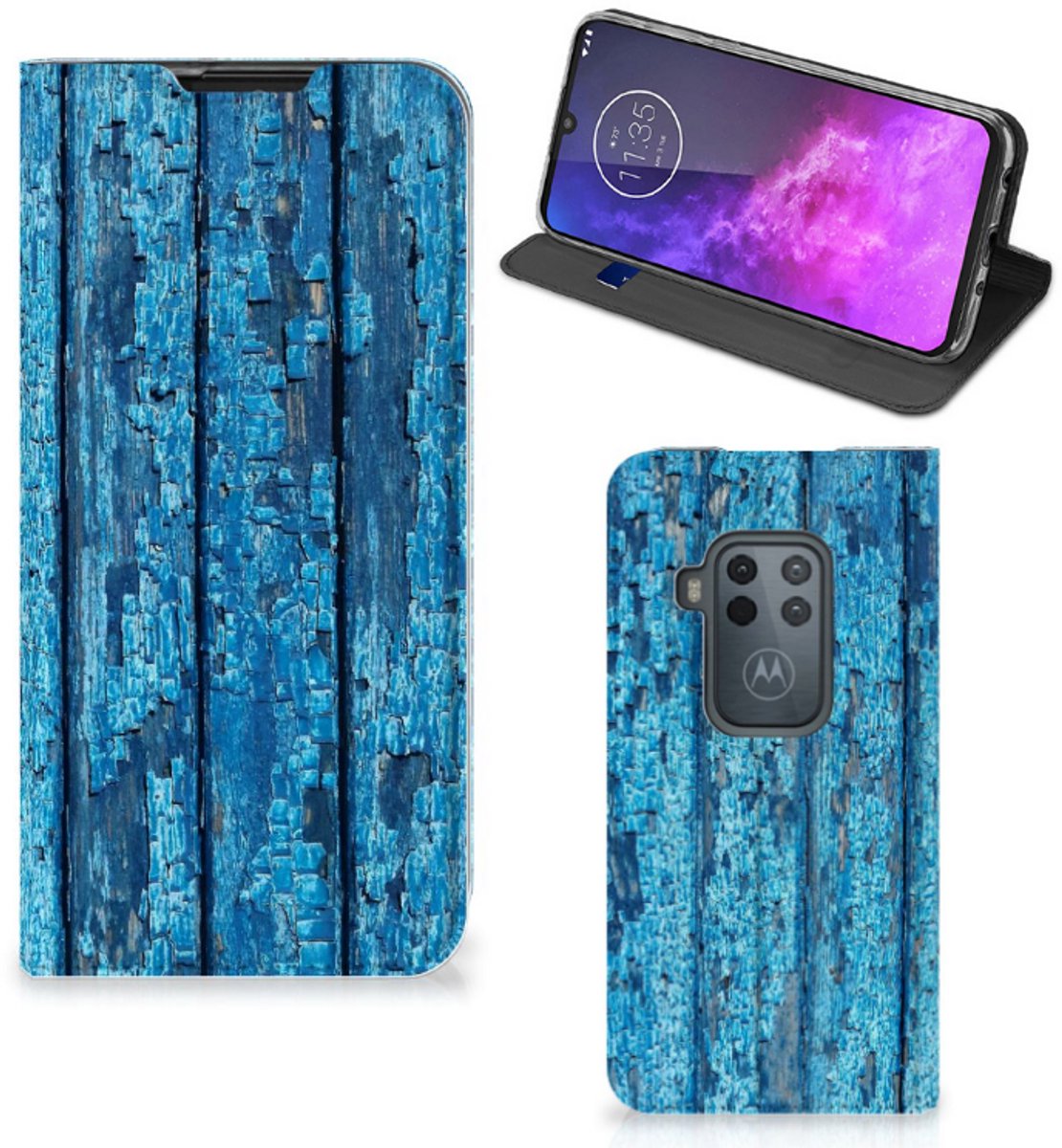 Motorola One Zoom Book Wallet Case Wood Blue