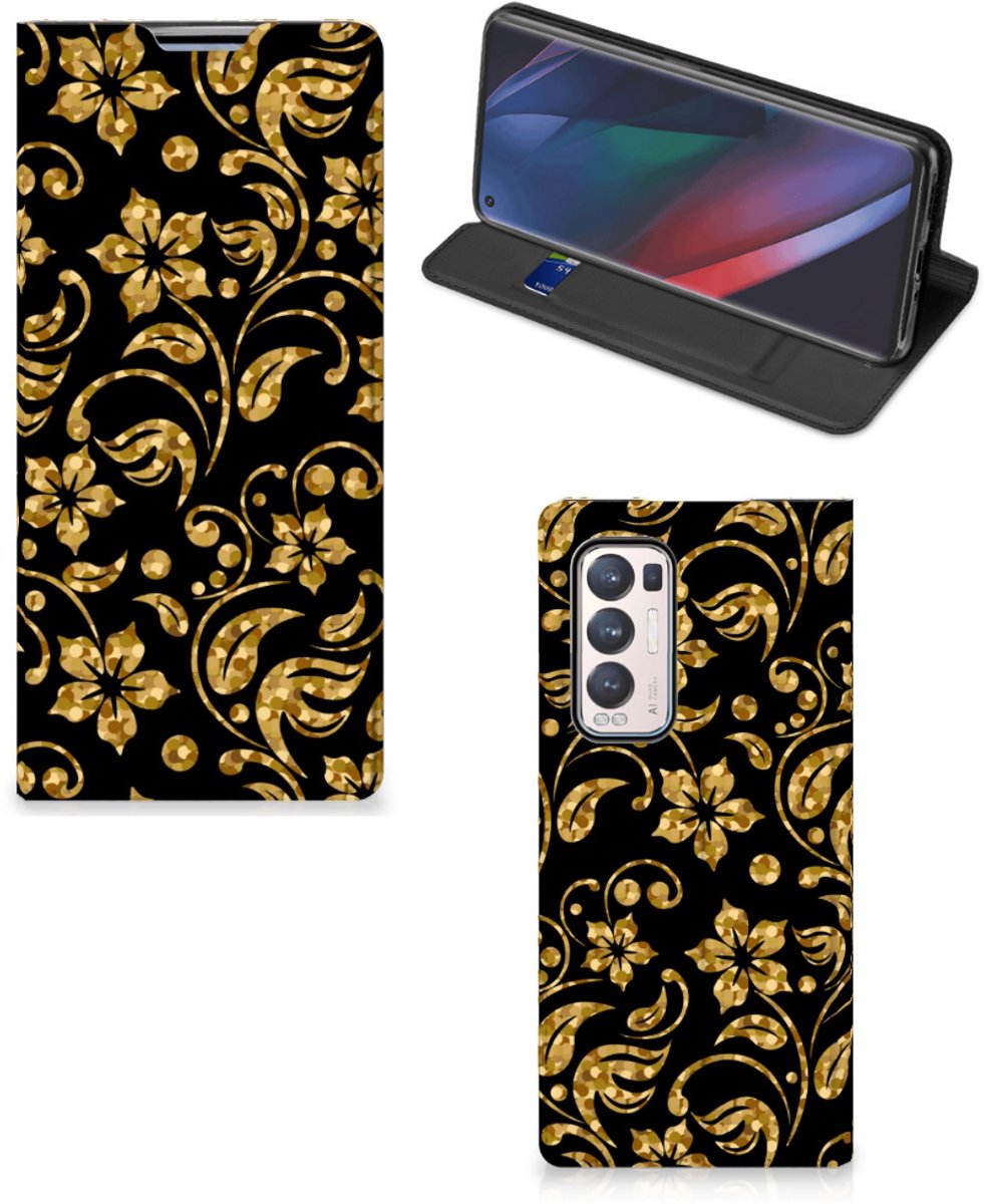 Book Case voor OPPO Find X3 Neo Smart Cover Gouden Bloemen