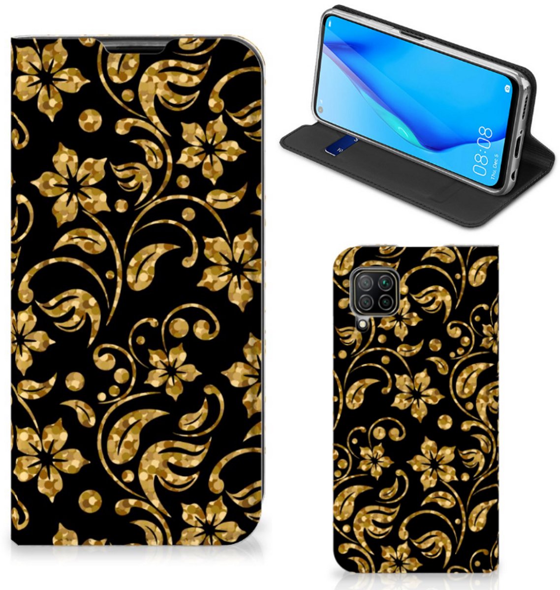 Huawei P40 Lite Smart Cover Gouden Bloemen
