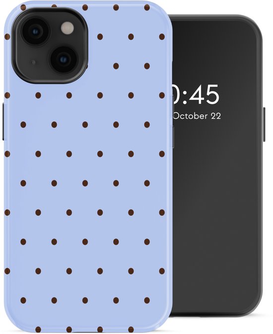 Coque de téléphone bleu clair à pois marron, à côté d'un smartphone noir.