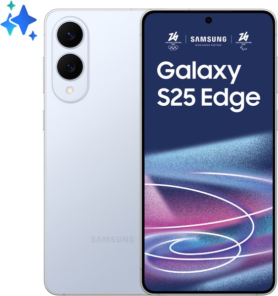 Lichtblauwe Samsung Galaxy S25 Edge telefoon met dubbele camera achterop en 'Galaxy S25 Edge' op het scherm.