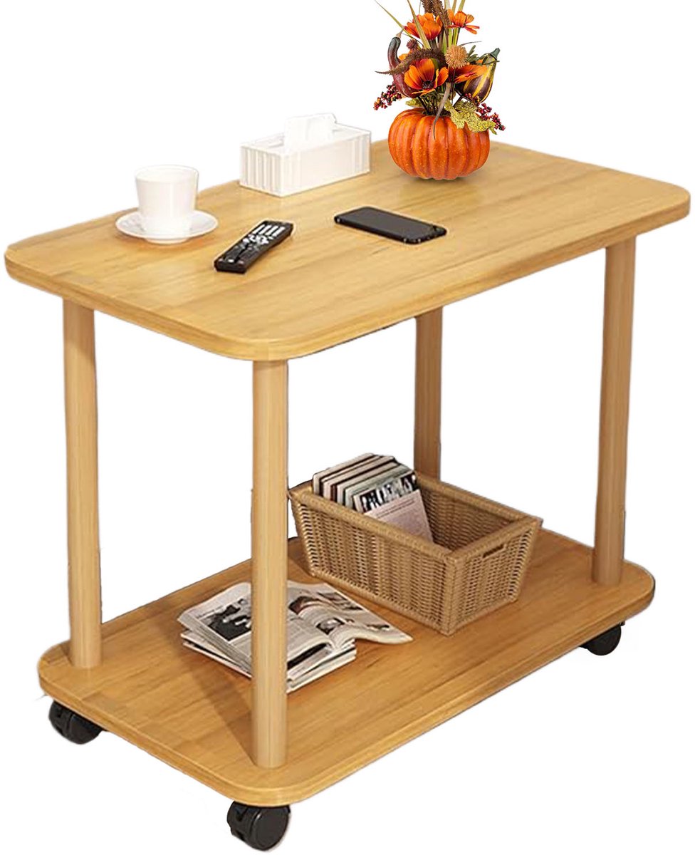 Bijzettafel voor Bank - Mobiele Salontafel met Wielen - 2-Laags Multifunctionele Bijzettafel - Notenbruin 60×40×53CM