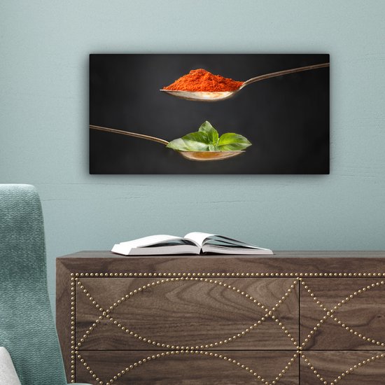 Canvas schilderij 40x20 cm - Wanddecoratie Kruiden - Lepel - Specerijen - Zwart - Italiaans - Muurdecoratie accessoires - Keuken decoratie muur - Schilderijen op canvas