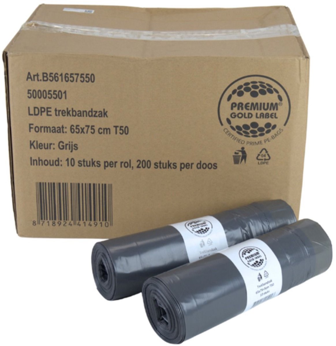 Afvalzakken 60 liter 65x75 cm T50 LDPE grijs met trekband doos 20 rollen à 10 stuks (8718924414910)