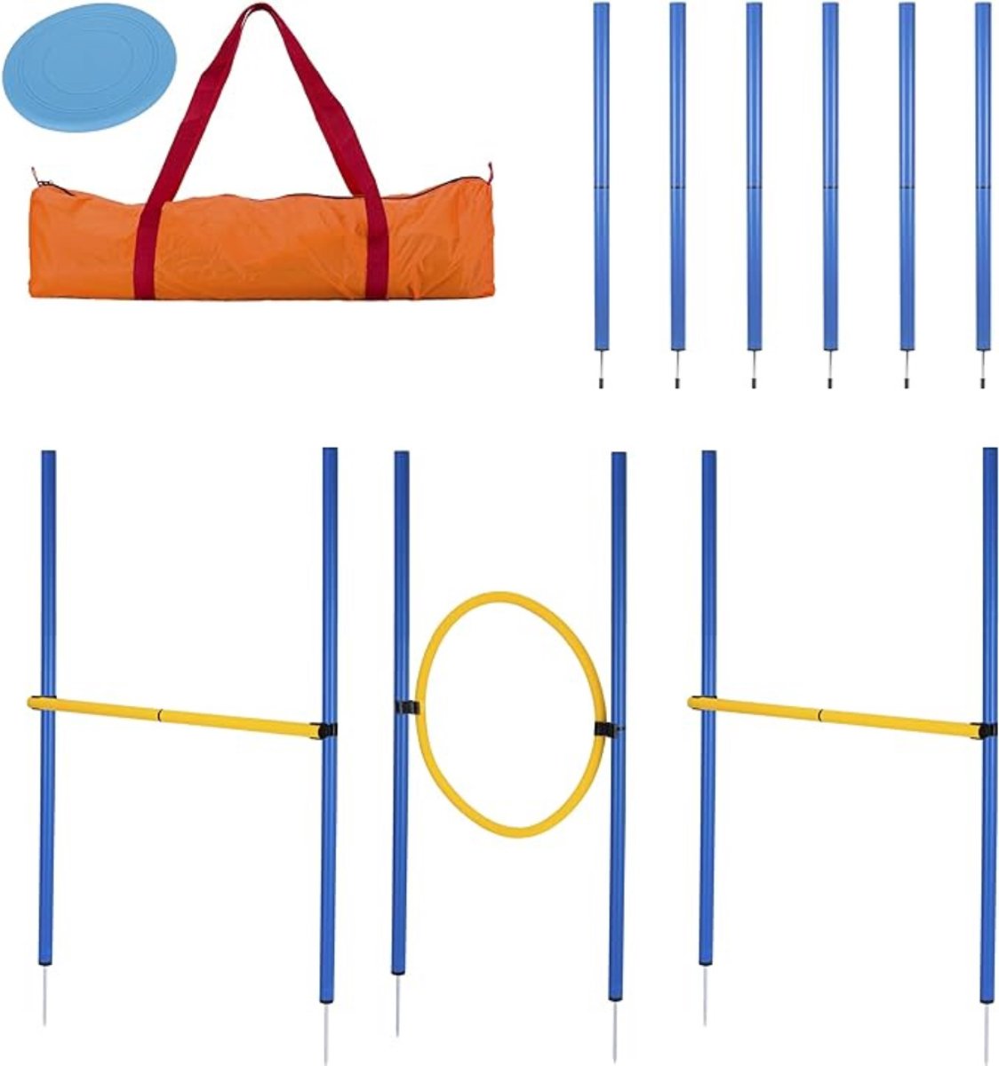 TIM® Agility Voor De Hond – Agility Set Met opbergtas - Springring - Horde – Slalom Palen - Honden Speelgoed – Complete Behendigheidsset – Inclusief Frisbee - Meerkleurig - 80cm x 22cm x 21cm