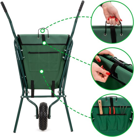Overzicht van de groene opvouwbare kruiwagen met detailopnames van het handvat en opbergvak.