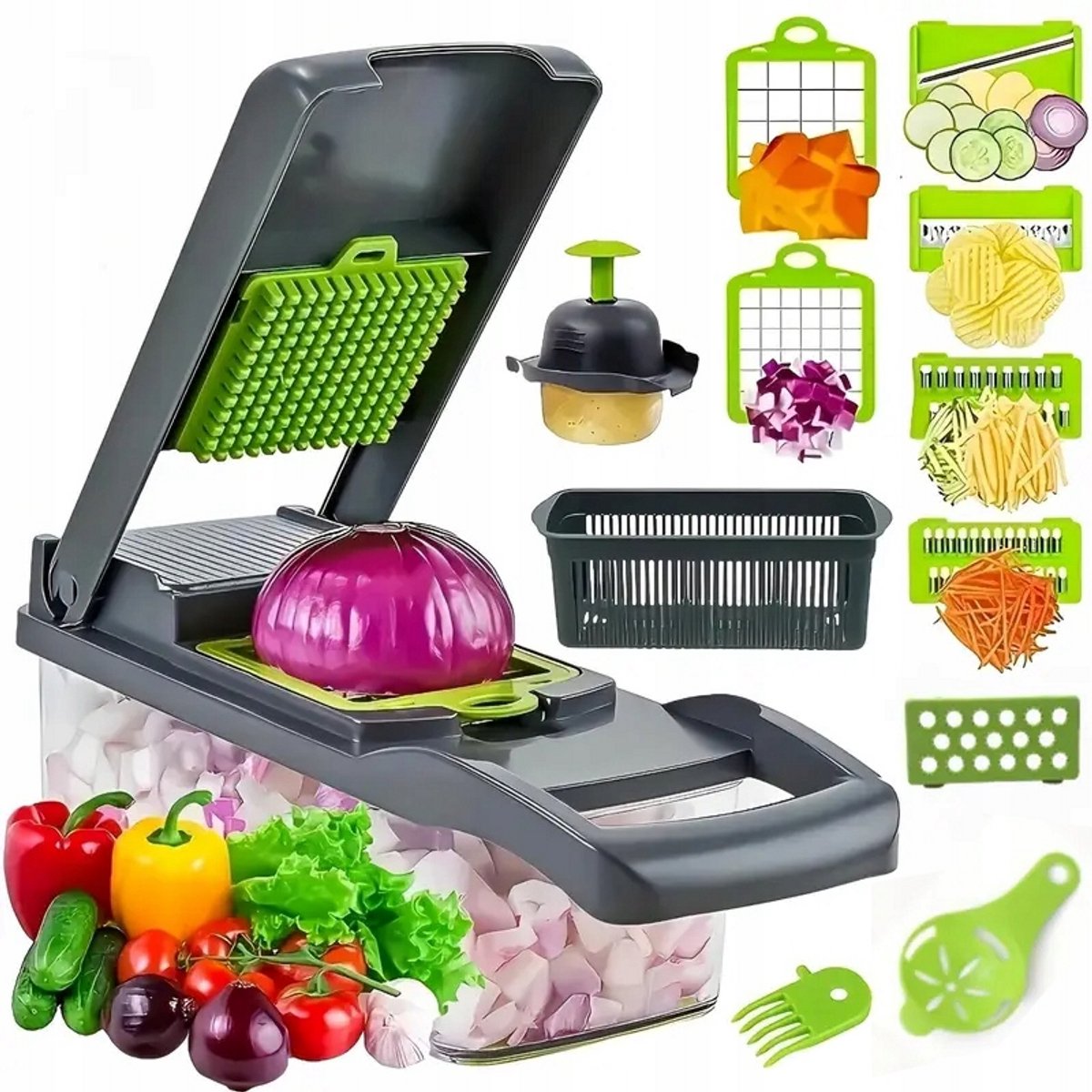 Multifunctionele Groentesnijder 14-in-1 – Mandoline – Rasp – Keukensnijder met Opvangbak – Voor Groenten, Fruit en Kaas