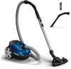 Blauwe Philips stofzuiger met slang en TriActive mondstuk, plus extra mondstukken.
