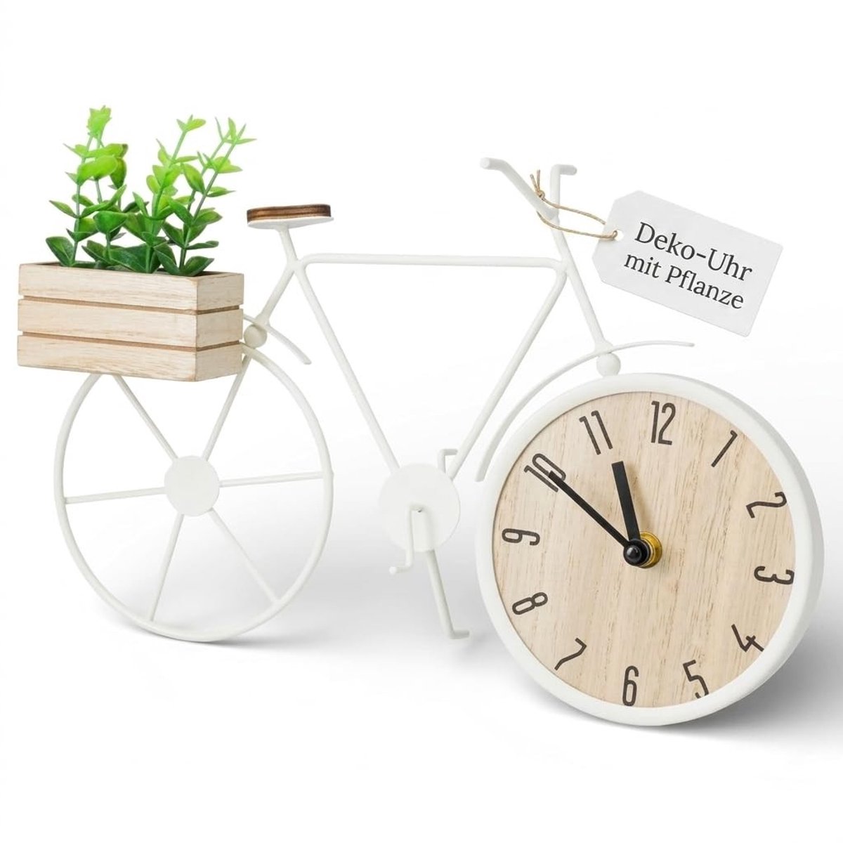 Dailygoods - Tafelklok Fiets met Houten Doos en Decoratieve Plant in Wit