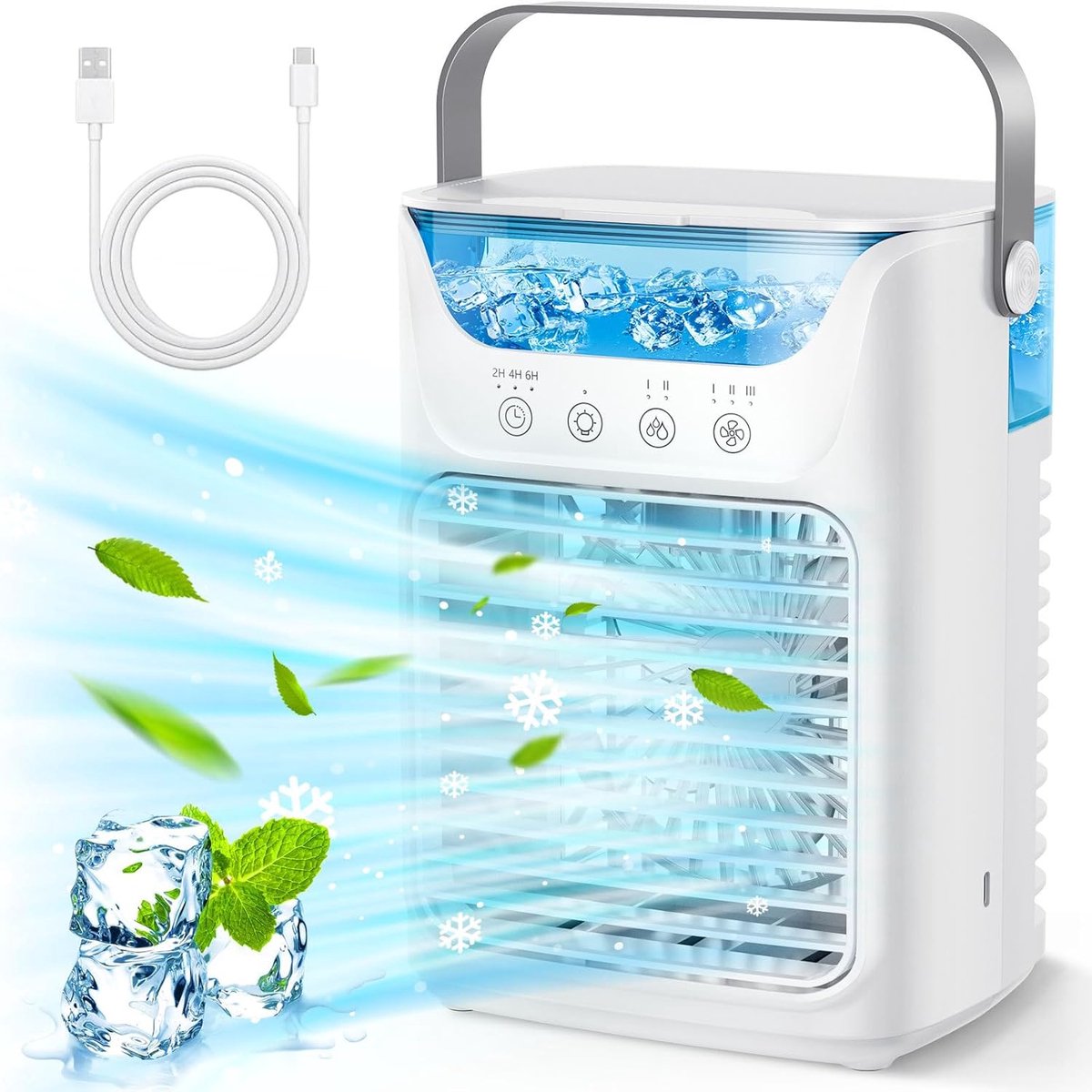Ulisem - Draagbare airconditioner - 3-in-1 verdampingskoeler - 3 ventilatorsnelheden - LED nachtlampje - 6-uur timer - 700 ml watertank - Type-C - Stil (<50dB) - Voor slaapkamer en kantoor