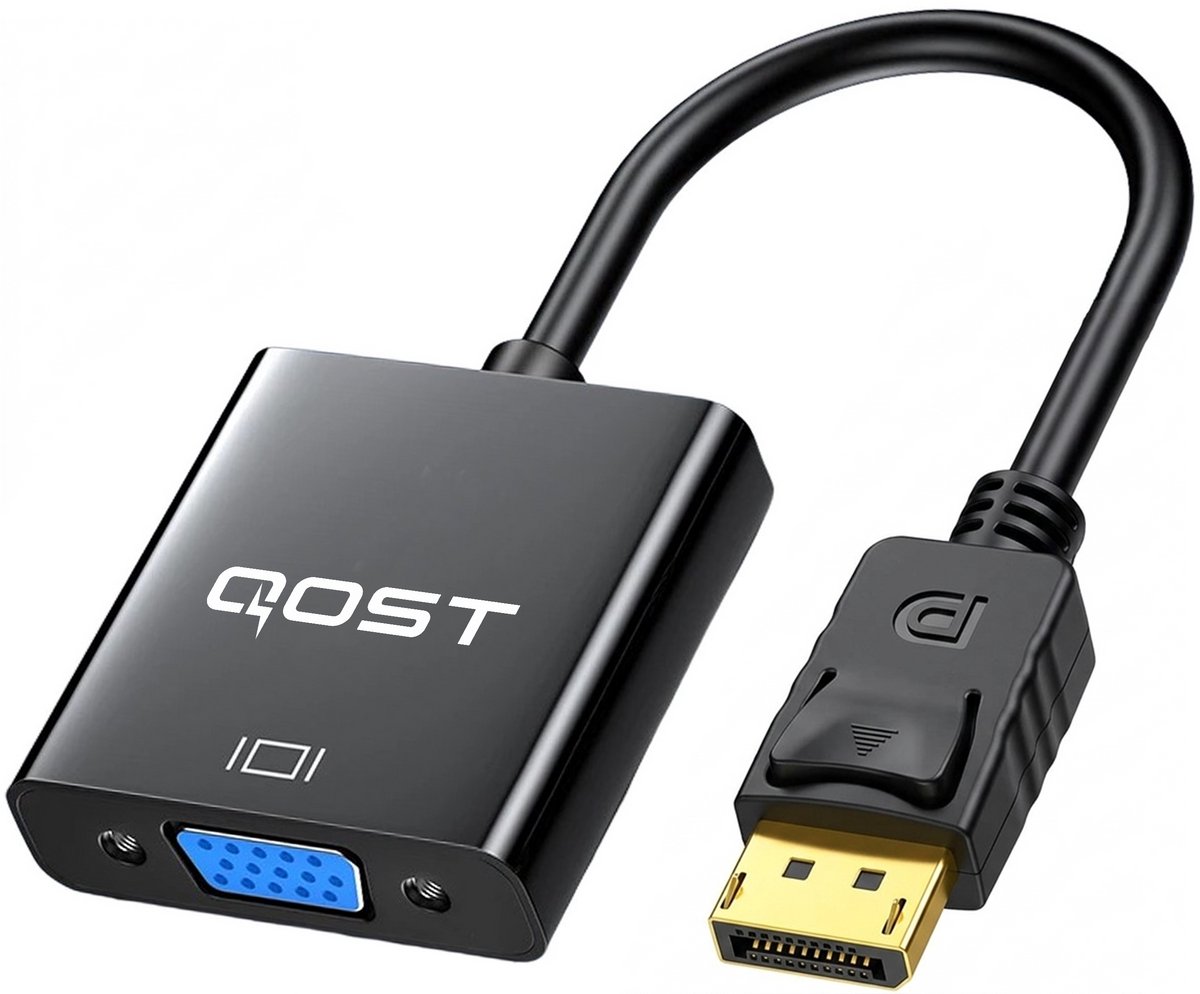 Qost - DisplayPort naar VGA Adapter - Full HD 1080P – Gold-Plated DP / VGA - Male naar Female - Zwart - Compatibel met Computer / Desktop / Laptop / PC / Monitor / Projector