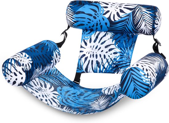 Opblaasbare zwembadstoel met blauw palmbladmotief, zonder persoon.