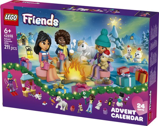 LEGO Friends kerstkalender doos met 3 minipoppetjes, een paard, een konijn en een sneeuwpop rond een kampvuur. Omringd door cadeautjes.