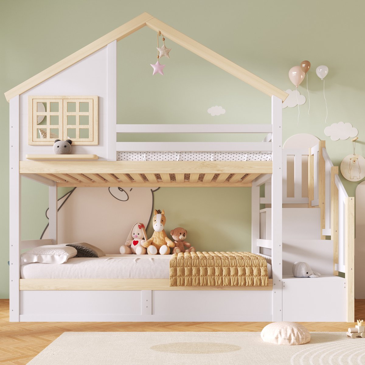 VVBV Stapelbed 90x200 – Kinderstapelbed met Opbergruimte en Veiligheidshek – Wit – Zonder Matras – Hydraulische Opbergruimte – Hout White+Natural