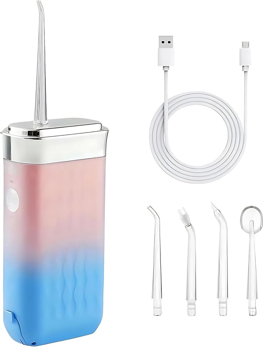 Draagbare monddouche, draadloze mini-monddouche met 3 standen en 4 opzetstukken, oplaadbaar via USB-C. Professionele monddouche geschikt voor thuis en op reis (roze)