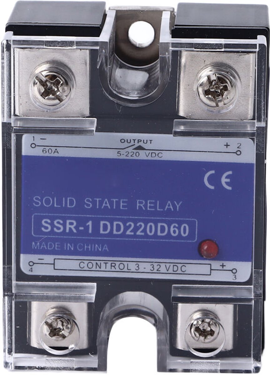 DC naar eenfasig solid-state relais, ingangsspanning 3-32VDC tot 5-220VDC, 60A solid-state relaisbelasting, geschikt voor besturingssystemen.