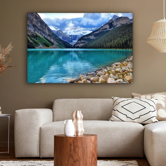 Canvas schilderij 150x100 cm - Wanddecoratie Meer in het Nationaal park Banff in Alberta - Muurdecoratie woonkamer - Slaapkamer decoratie - Kamer accessoires - Schilderijen op canvas
