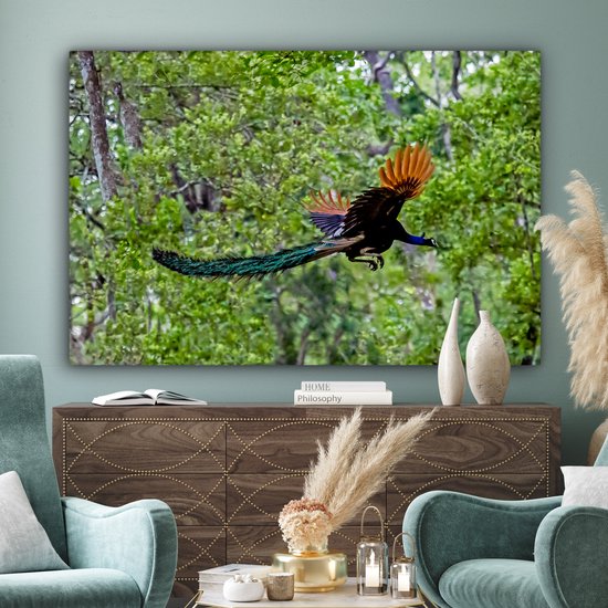 Paon coloré vole à travers les bois Toile 180x120 cm - Tirage photo sur toile (Décoration murale salon / chambre) XXL / Groot format!